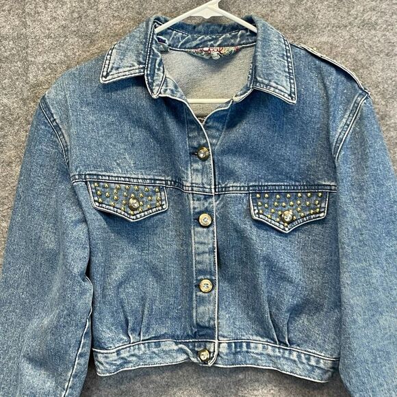 Vtg OPAL by Hot Property Jacket Womens Medium Blue Denim Gold Studded Cropped - Picture 2 of 15